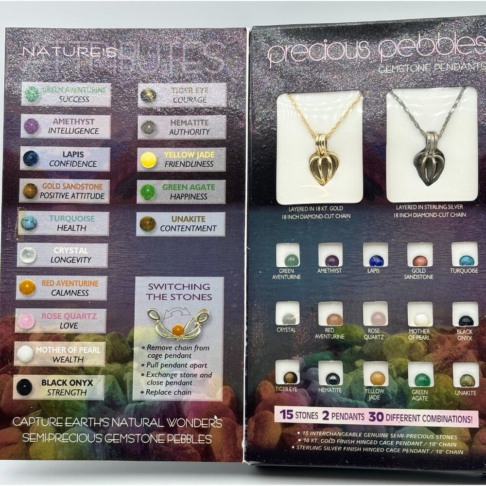 1990s Precious Pebbles Gemstone Pendants Set With Sterling and 18kt Finish-NOS